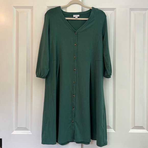 J. Jill Dresses & Skirts - J.Jill Button Front Pleated Green Cotton Blend Midi Dress Size M